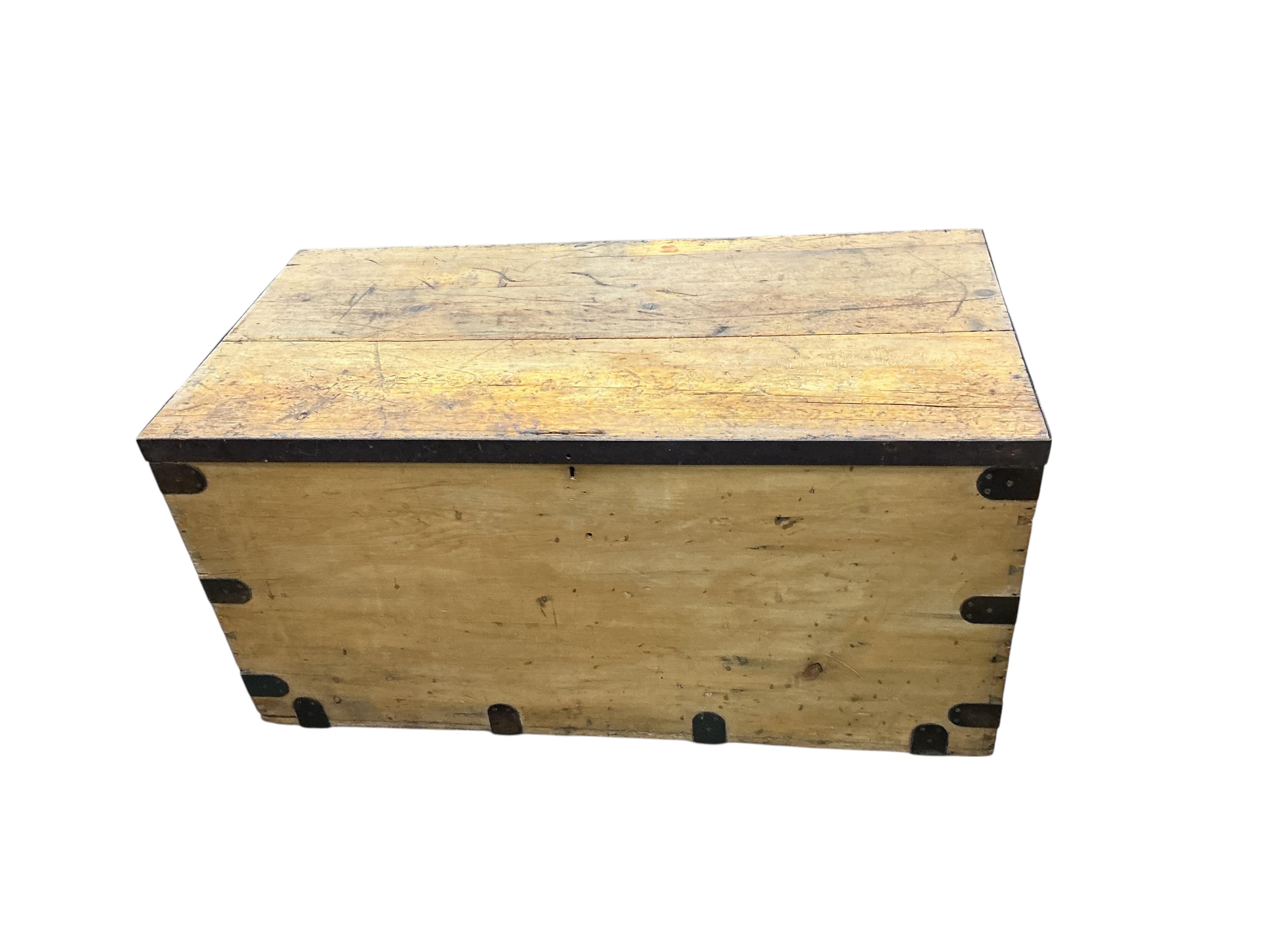 A large iron bound pine trunk, width 120cn, depth 61cm, height 61cm